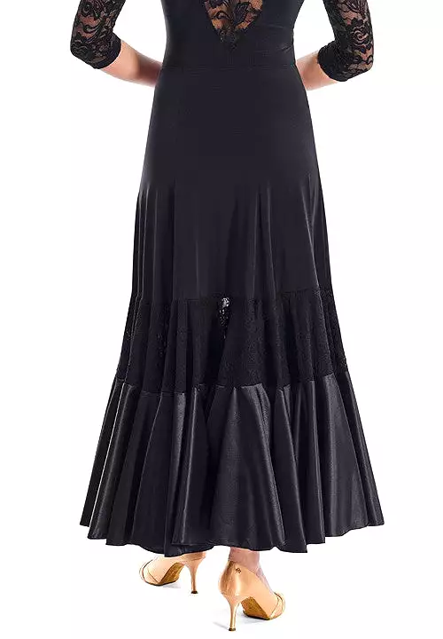 Victoria Blitz Frame Black Ballroom Practice Skirt with Panel of Stretch Lace, Satin Hem, Elastic Waistband, and Wide Skirt PRA 