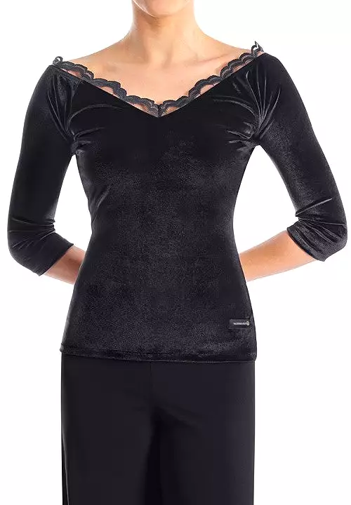 Victoria Blitz Page Black Velvet Ballroom Practice Top with V-Neckline, Scalloped Lace Trim, and 3/4 Sleeves PRA 738 in Stock