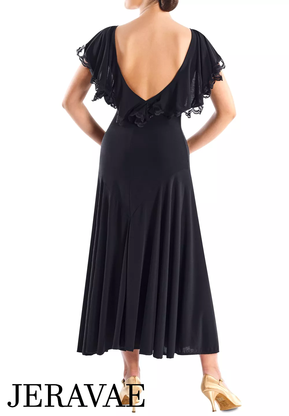 Victoria Blitz Taormina Black Ballroom Practice Dress with V-Neck and Back with a Frilled Layer and Lace Trim and Side Slit in S