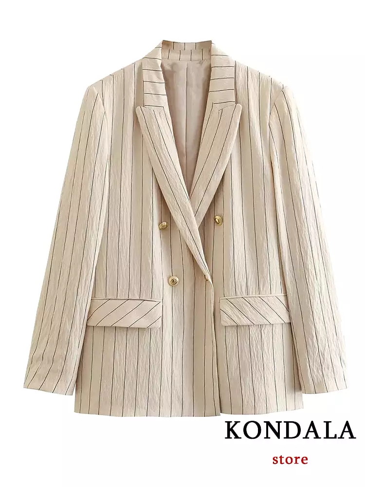 Vintage Commute Office Women Suit Stripe Notched Double Breasted Pockets Blazer Straight Loose Pants Fashion 2023 Sets