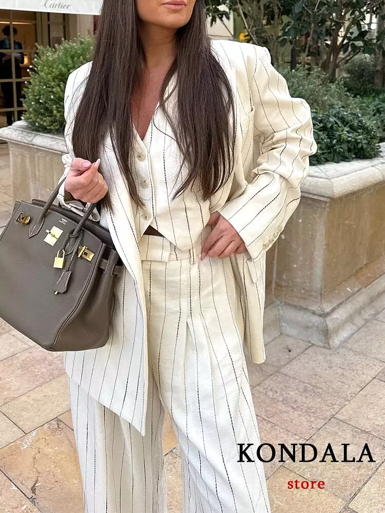 Vintage Commute Office Women Suit Stripe Notched Double Breasted Pockets Blazer Straight Loose Pants Fashion 2023 Sets