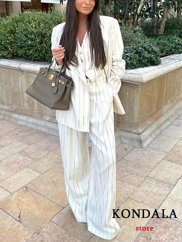 Vintage Commute Office Women Suit Stripe Notched Double Breasted Pockets Blazer Straight Loose Pants Fashion 2023 Sets