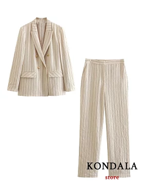 Vintage Commute Office Women Suit Stripe Notched Double Breasted Pockets Blazer Straight Loose Pants Fashion 2023 Sets