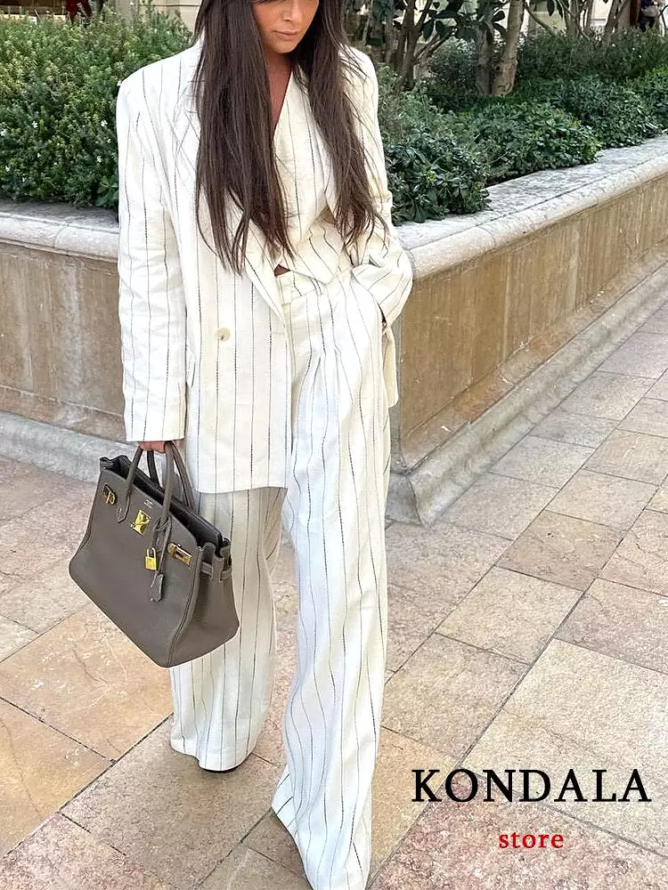 Vintage Commute Office Women Suit Stripe Notched Double Breasted Pockets Blazer Straight Loose Pants Fashion 2023 Sets