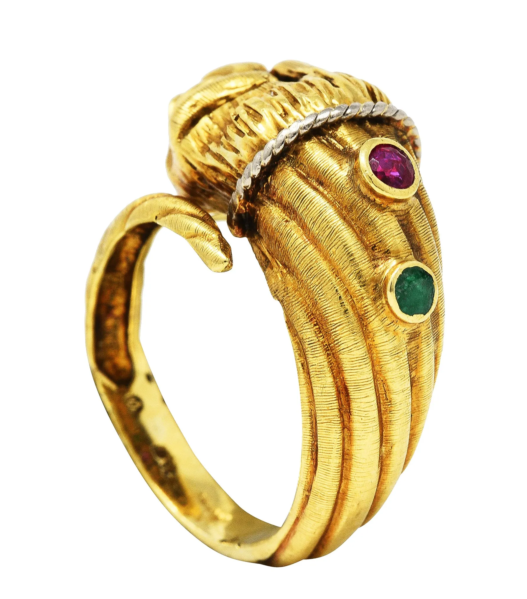 Vintage Lalaounis Ruby Emerald 18 Karat Two-Tone Gold Greek Lion Head Bypass Ring