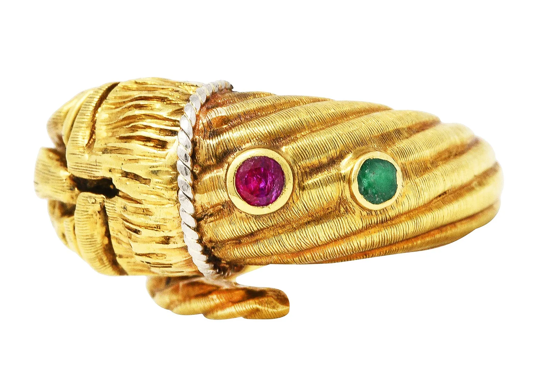 Vintage Lalaounis Ruby Emerald 18 Karat Two-Tone Gold Greek Lion Head Bypass Ring