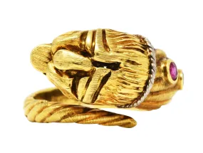 Vintage Lalaounis Ruby Emerald 18 Karat Two-Tone Gold Greek Lion Head Bypass Ring