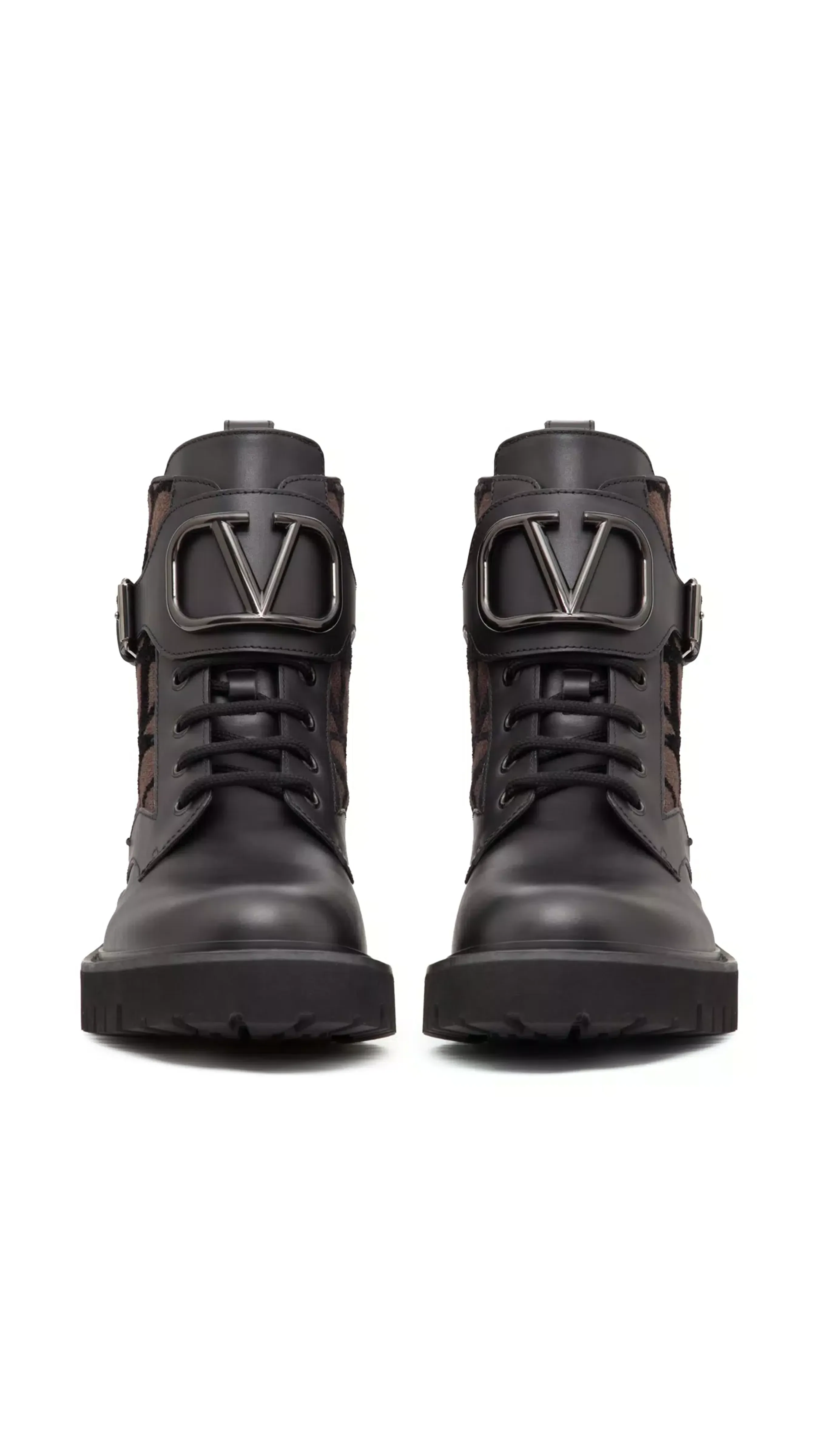 Vlogo Signature Combat Boot in Calfskin and Toile Iconographe 35MM - Fondant