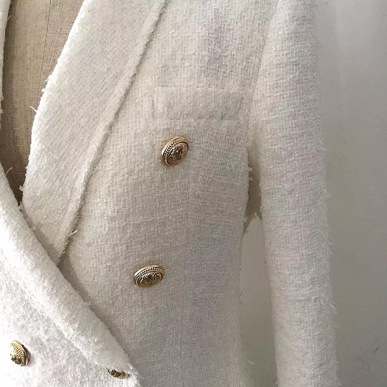 White Tweed Blazer Women - Casual - Plain-Solid