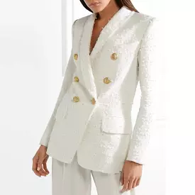 White Tweed Blazer Women - Casual - Plain-Solid