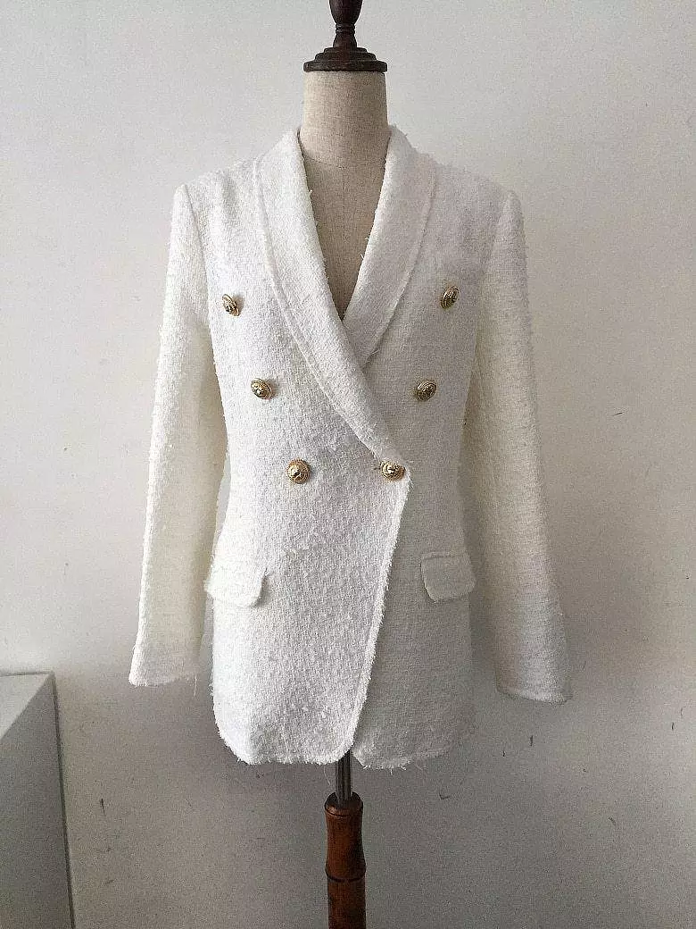 White Tweed Blazer Women - Casual - Plain-Solid