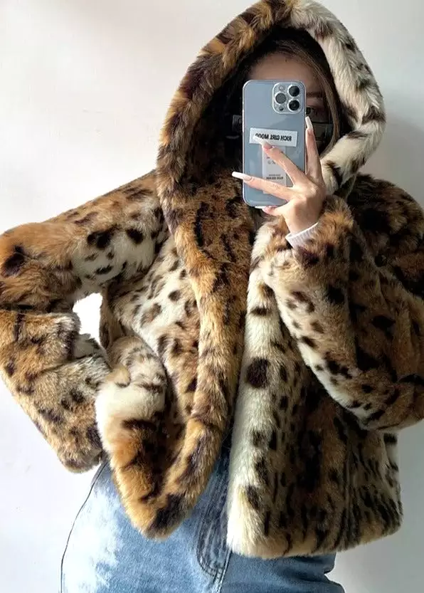 Winter Short Thick Warm Leopard Print Faux Fur Coat Women with Hood