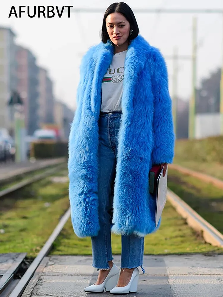 Winter Women High Quality Faux Fur Coat Luxury Long Fur Coat Midi Length