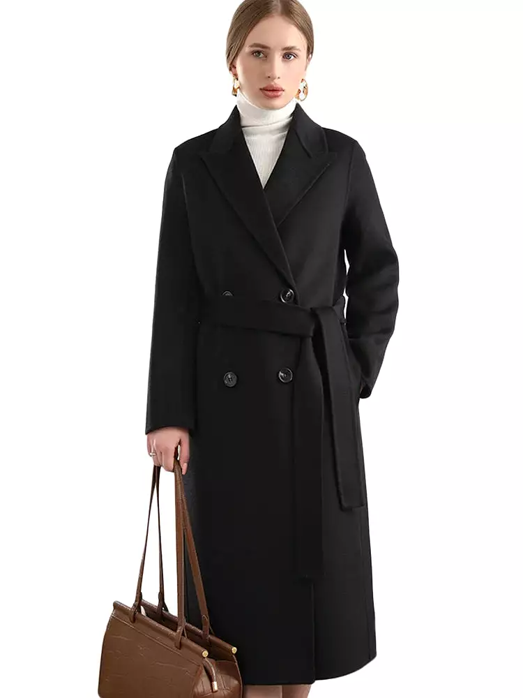 Women 100% Wool Overcoat Belt Double-Breasted Autumn Winter Long Jacket Trench Coat