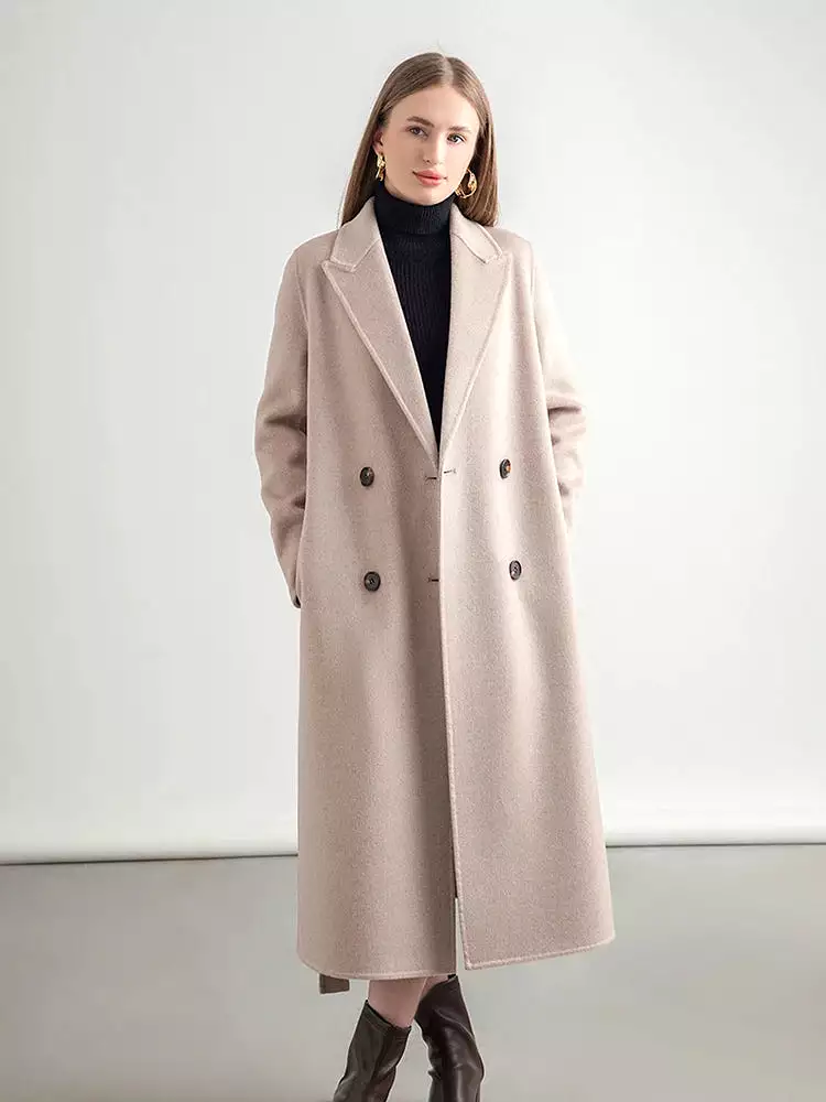 Women 100% Wool Overcoat Belt Double-Breasted Autumn Winter Long Jacket Trench Coat