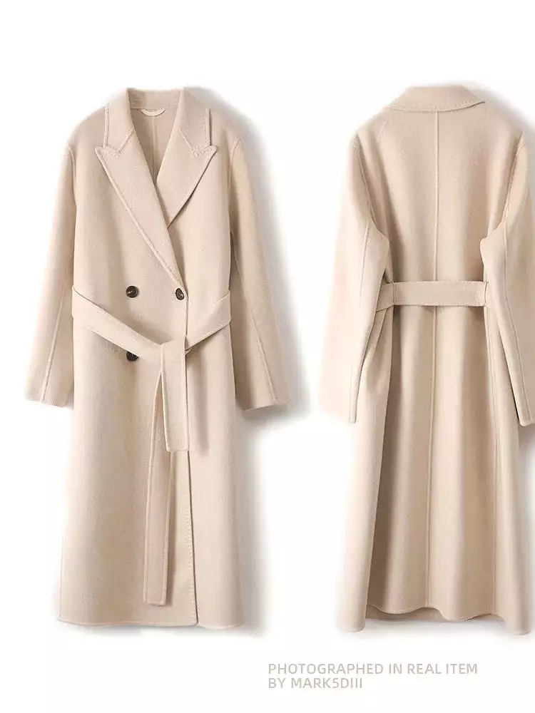 Women 100% Wool Overcoat Belt Double-Breasted Autumn Winter Long Jacket Trench Coat