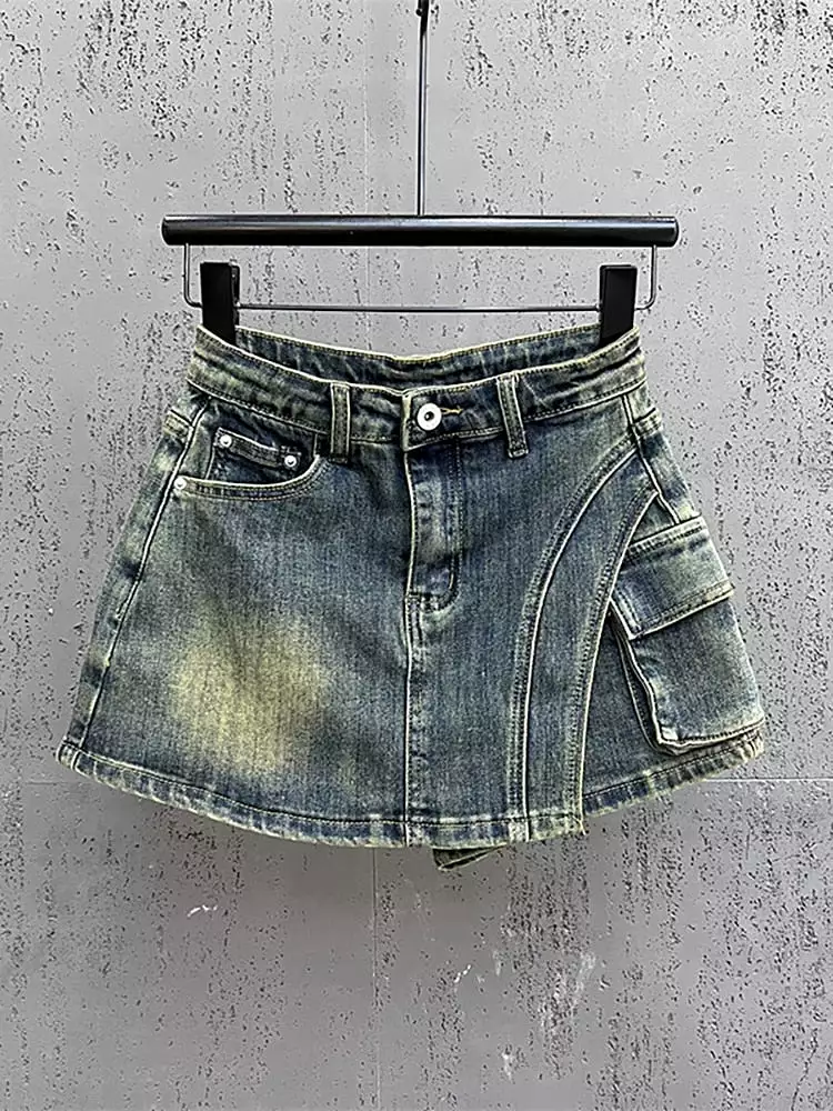 Women Denim Skirt Wash Grey Irregular Big Pockets Cargo High Waist Short A-line Mini Skirt 2023 Autumn New Fashion 29L2652