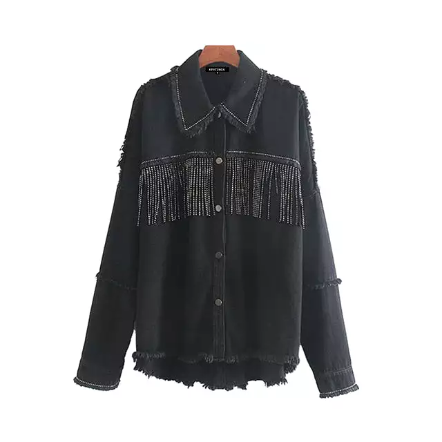 Women Fashion Tassel Beaded Oversized Denim Jacket Coat Women Vintage Long Sleeve Frayed Hem