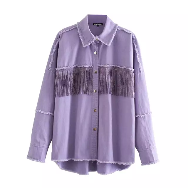 Women Fashion Tassel Beaded Oversized Denim Jacket Coat Women Vintage Long Sleeve Frayed Hem