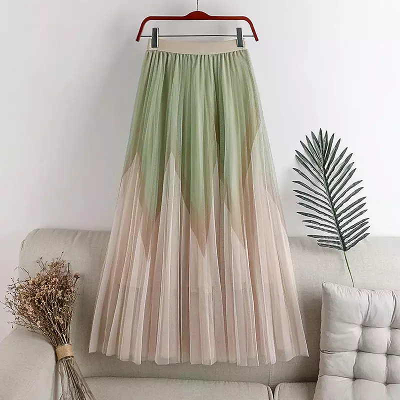 Women Solid Color Midi Mesh Black Skirt Fairy High Waist Pleated Long Printed A-line Skirt For Spring Summer