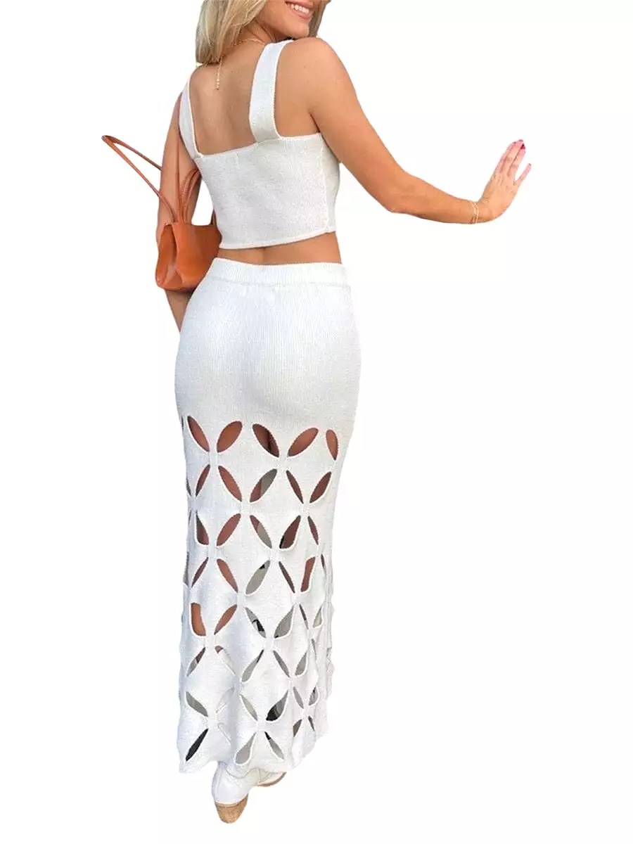 Women Summer 2 Piece Knitted Sets Tank Tops and Elastic Cutout Long Skirt