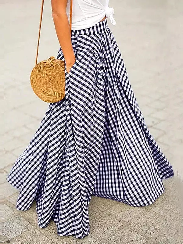 Women's Black and Blue Gingham Maxi Plaid Skirt with Pockets - S, M, L