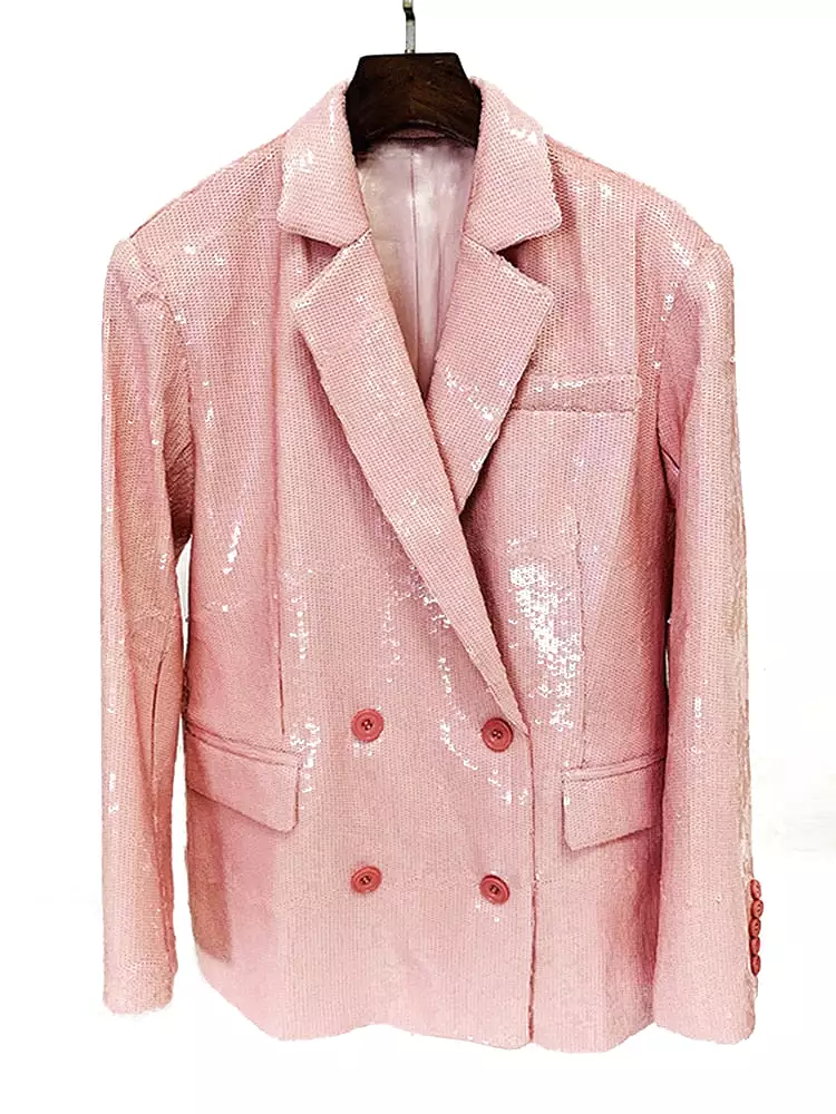 Women's Blazer Notched Collar Double Breasted Sequins Full Sleeves Pink Suit Jackets