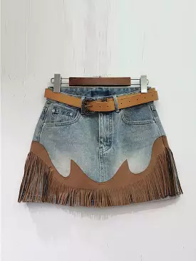 Women's Denim Skirt High Waist Spliced Contrast Color Tassel A-line Mini Skirt 2023