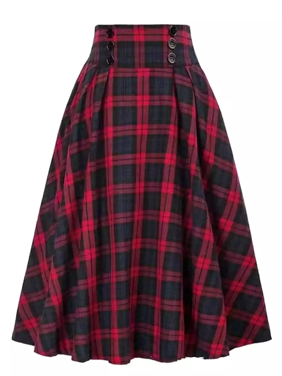 Women's Plaid Print Midi Skirt in Red, Blue, Green, and Khaki - Sizes S, M, L