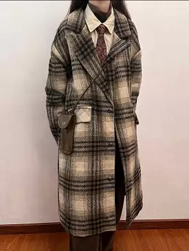 Womens plaid woolen cotton coat women's winter thickened lazy style coat knee-length cotton coat