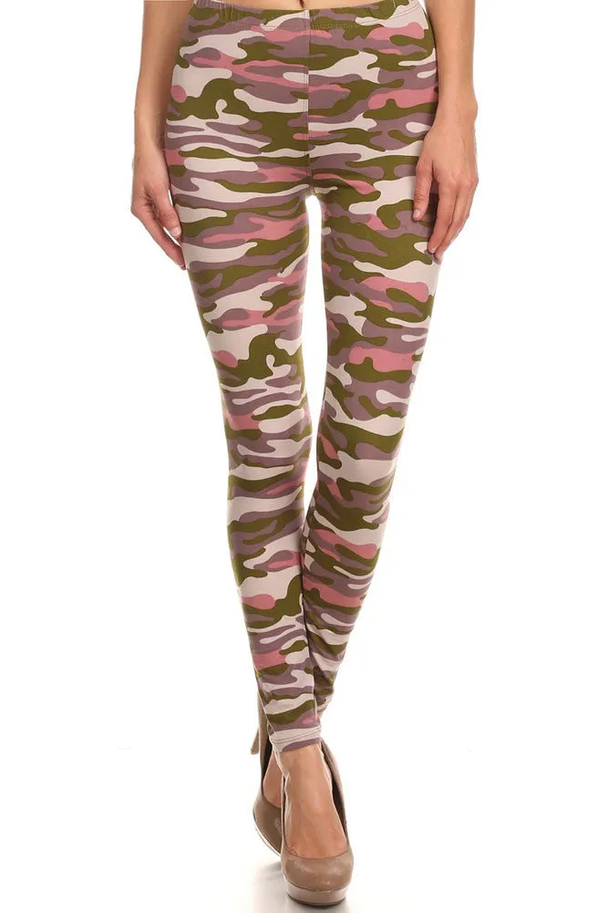 Women's Regular Army Camouflage Pattern Print Leggings - Olive Pink Purple