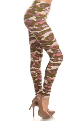 Women's Regular Army Camouflage Pattern Print Leggings - Olive Pink Purple