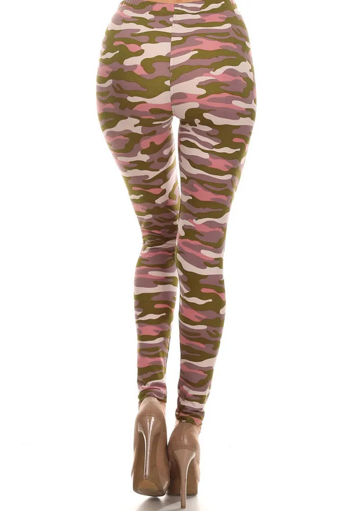 Women's Regular Army Camouflage Pattern Print Leggings - Olive Pink Purple