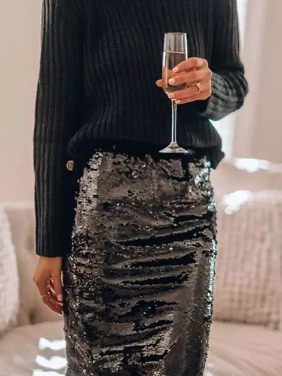 Women's Skirts Sequined Skinny Slit Midi Skirt